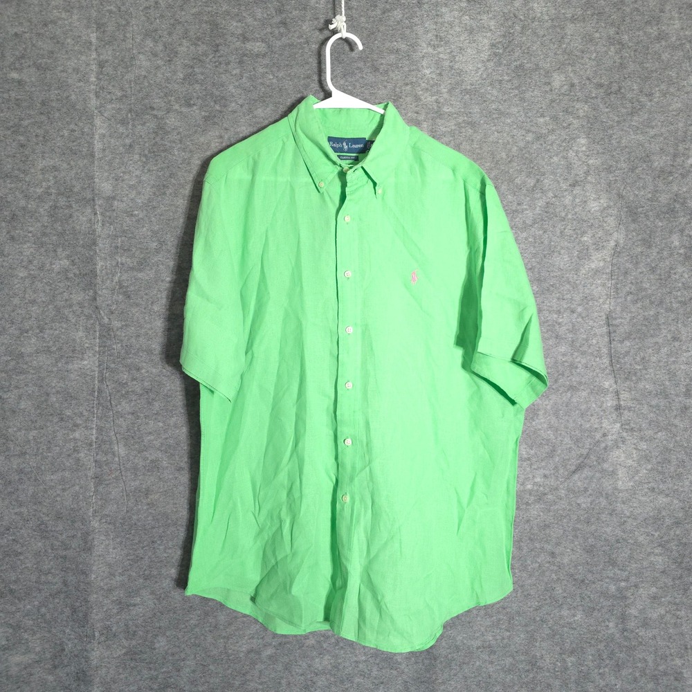Ralph Lauren Linen Shirt Mens XL Green Short Sleeve Classic Fit Pink Pony Pony